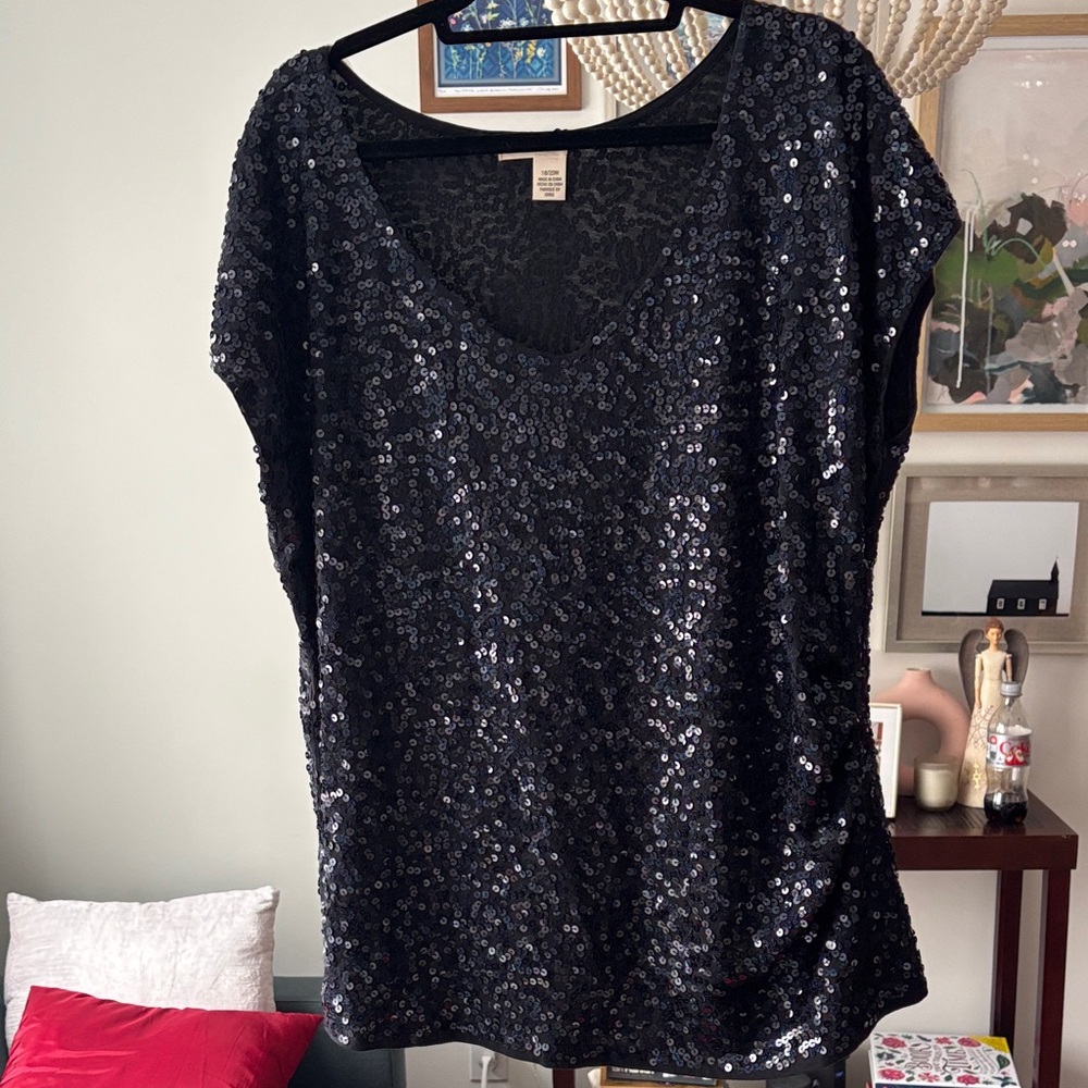 DKNY Sparkling Black Sequin Blouse